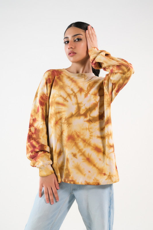 Sprinkles Stitched 1 Piece Winter Shirts Women Collection'2025-Tie Dye Sweatshirt With Pocket - Brown