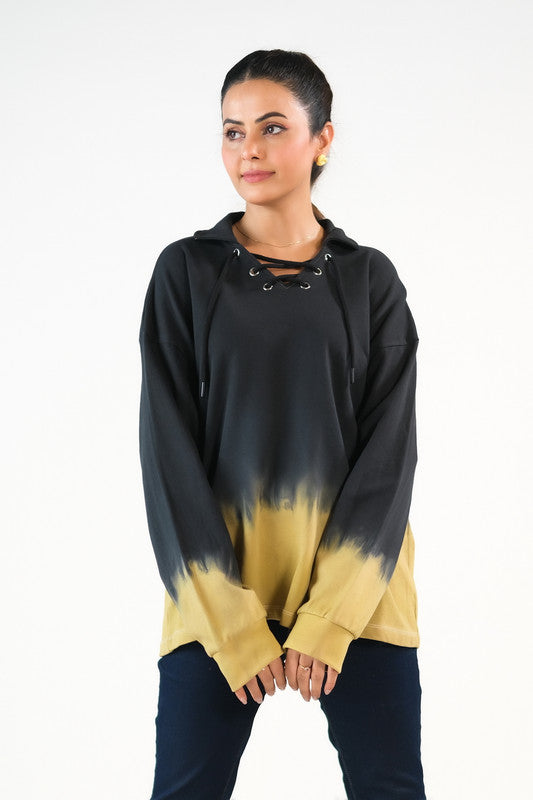 Sprinkles Stitched 1 Piece Winter Shirts Women Collection'2025-Tie Dye Lace Up  Hoodie - Black