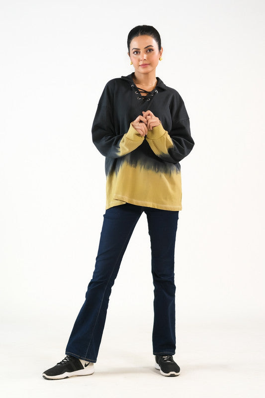 Sprinkles Stitched 1 Piece Winter Shirts Women Collection'2025-Tie Dye Lace Up  Hoodie - Black