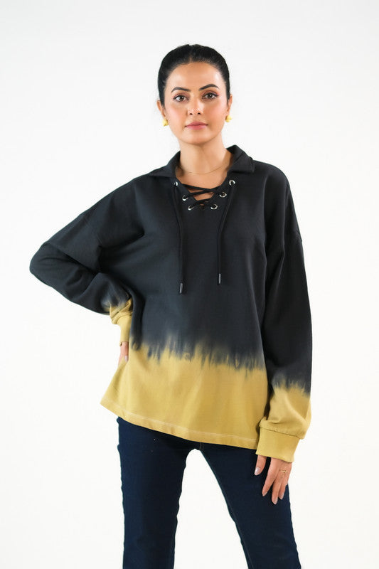 Sprinkles Stitched 1 Piece Winter Shirts Women Collection'2025-Tie Dye Lace Up  Hoodie - Black