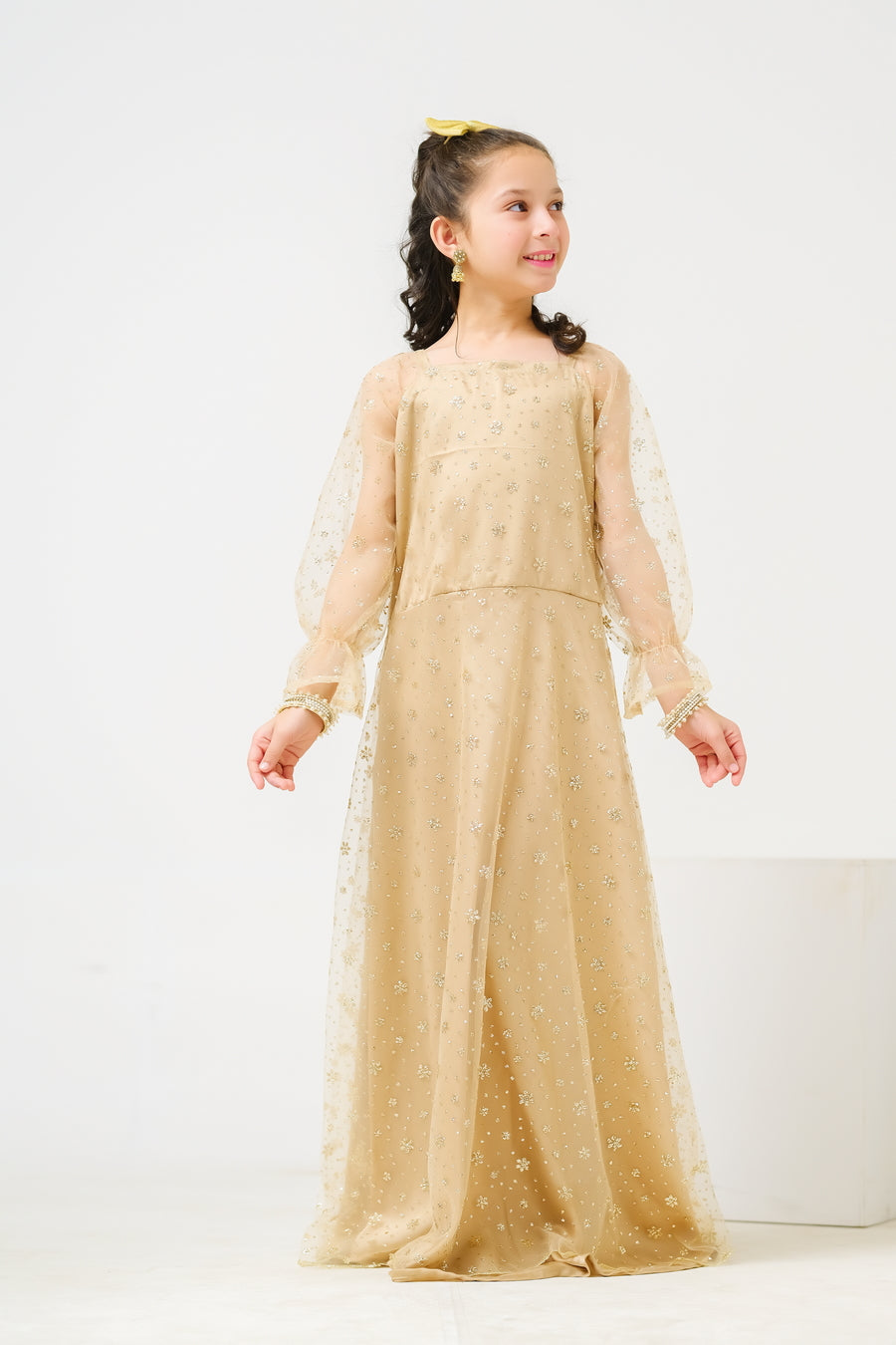 Sprinkles Stitched 1 Piece Formals Shirts Kids Collection'2025-Golden Starry Gown - 1pc Embelished