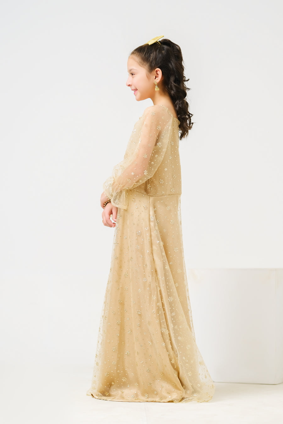 Sprinkles Stitched 1 Piece Formals Shirts Kids Collection'2025-Golden Starry Gown - 1pc Embelished