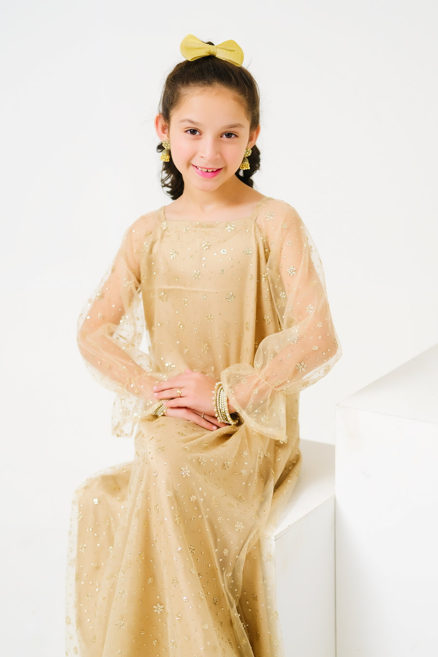Sprinkles Stitched 1 Piece Formals Shirts Kids Collection'2025-Golden Starry Gown - 1pc Embelished