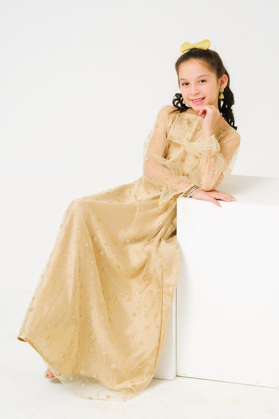 Sprinkles Stitched 1 Piece Formals Shirts Kids Collection'2025-Golden Starry Gown - 1pc Embelished
