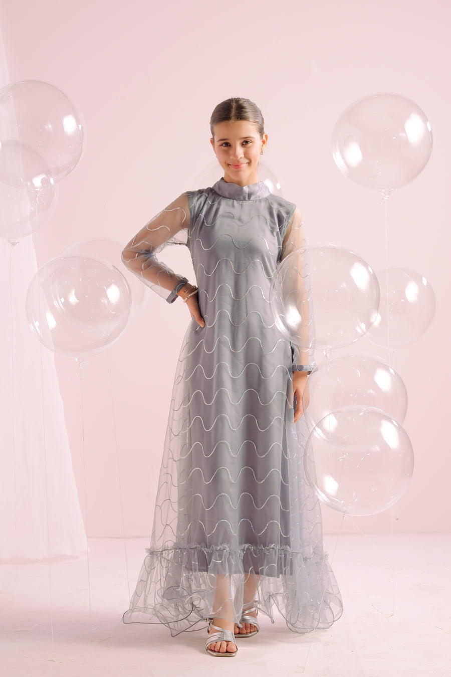Sprinkles Stitched 1 Piece Formals Festive Kids Collection'2025-Silver Whirl - Embellished -1pc