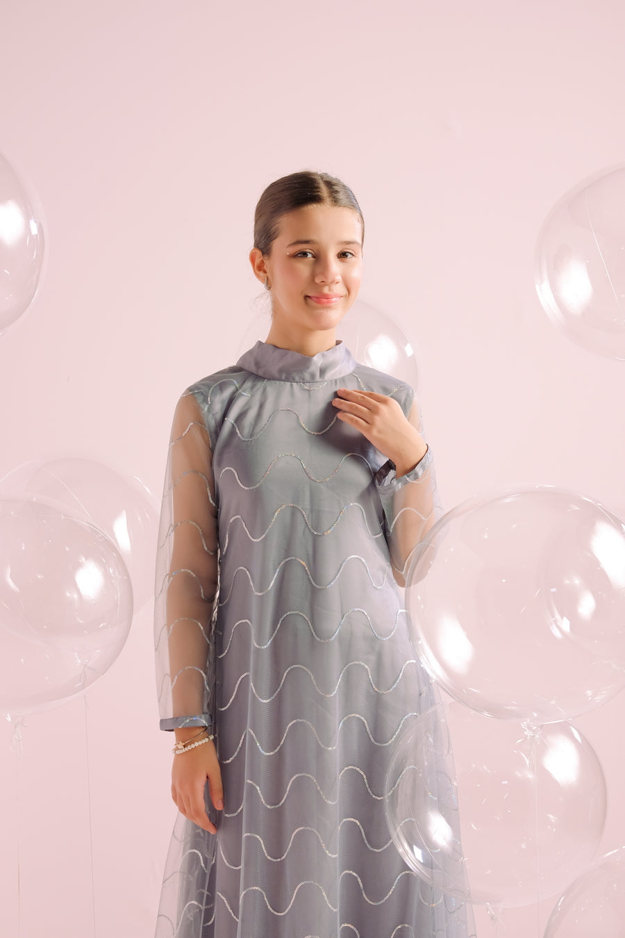 Sprinkles Stitched 1 Piece Formals Festive Kids Collection'2025-Silver Whirl - Embellished -1pc