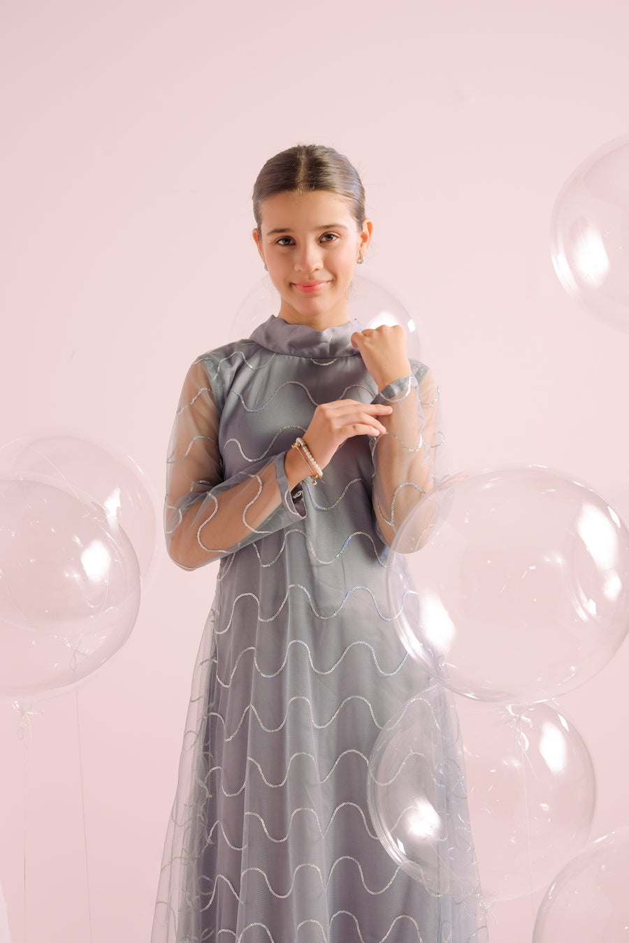 Sprinkles Stitched 1 Piece Formals Festive Kids Collection'2025-Silver Whirl - Embellished -1pc
