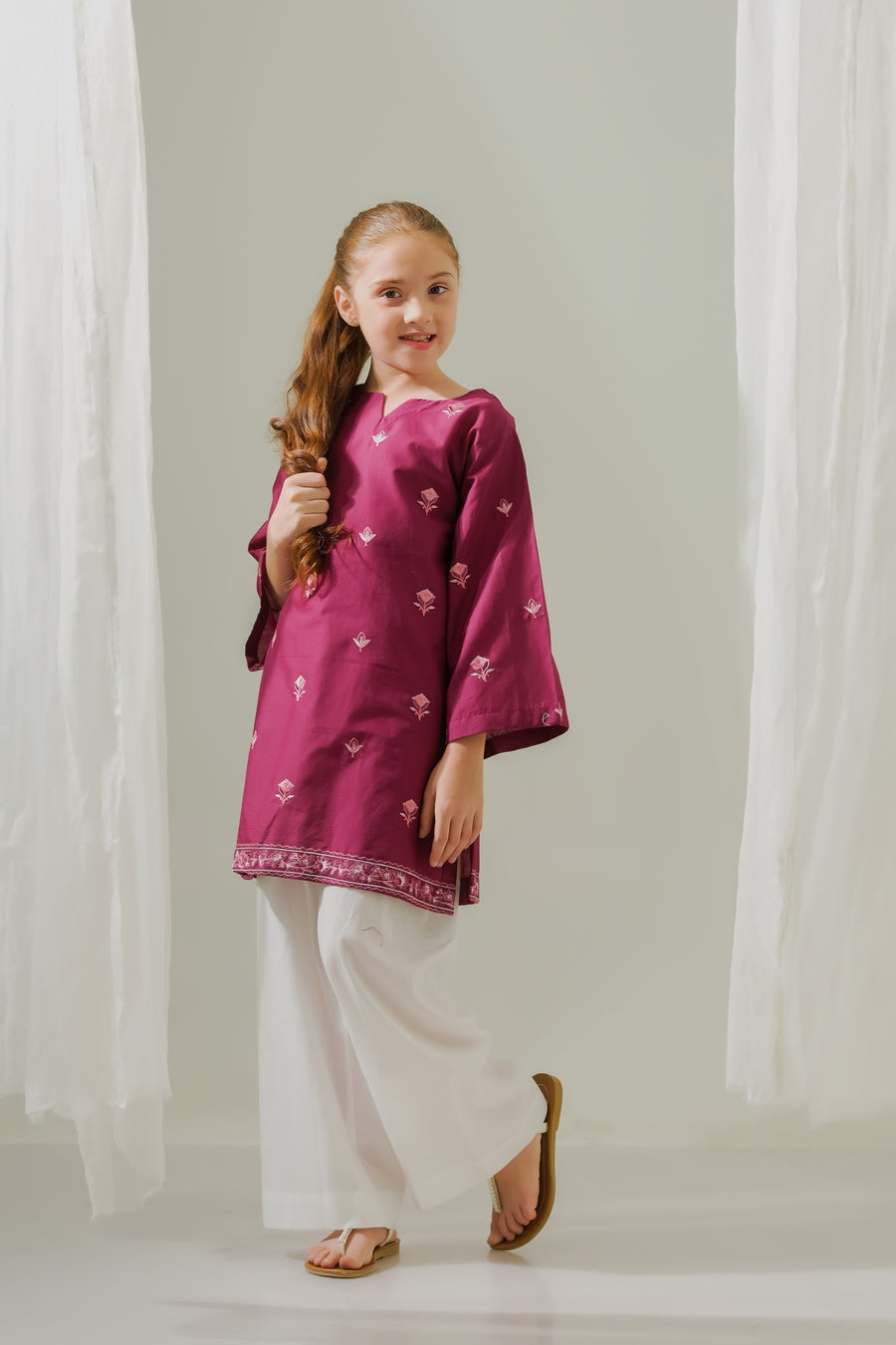 Sprinkles Stitched 1 Piece Summer Shirts Kids Collection'2025-Floral Magenta Muse - 1pc - Embroidered