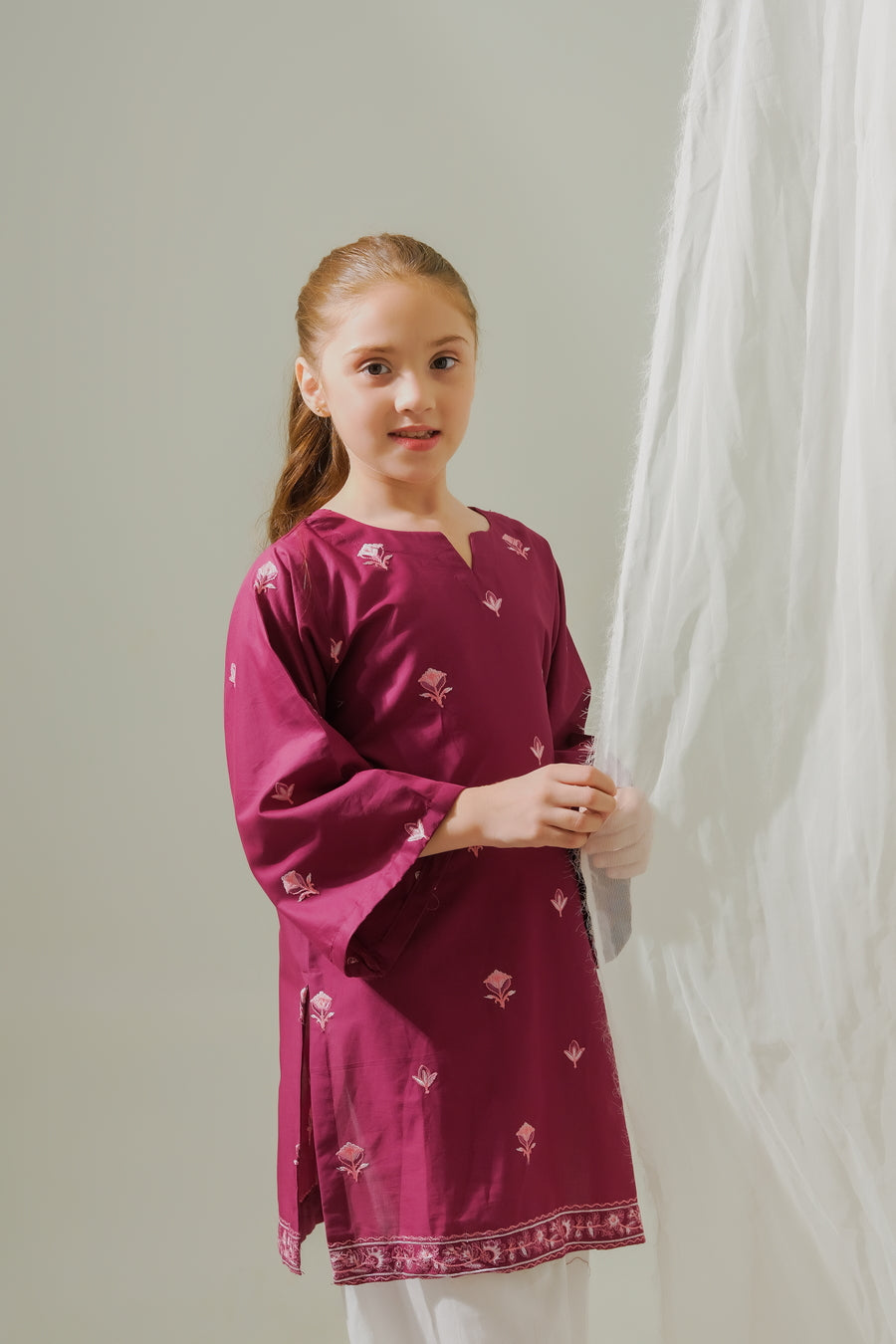 Sprinkles Stitched 1 Piece Summer Shirts Kids Collection'2025-Floral Magenta Muse - 1pc - Embroidered