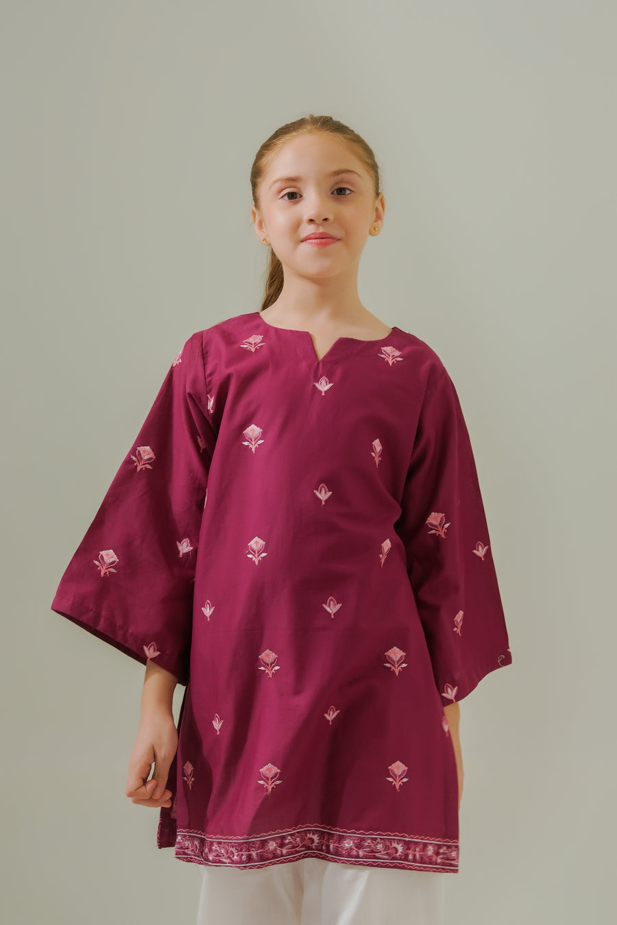 Sprinkles Stitched 1 Piece Summer Shirts Kids Collection'2025-Floral Magenta Muse - 1pc - Embroidered