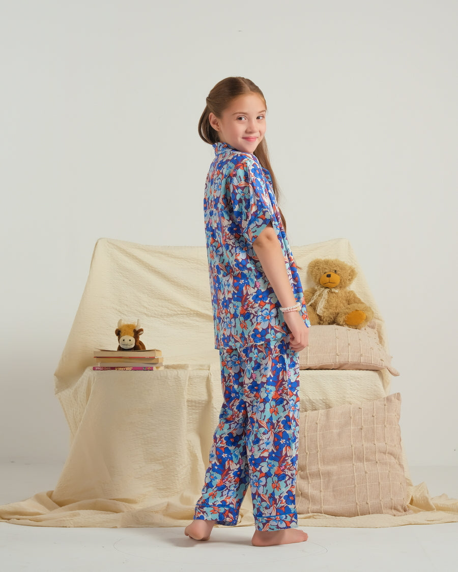 Sprinkles Stitched 2 Piece Winter Night Suit Kids Collection'2025-Blue Blossom Trail - Night Suit - 2pcs