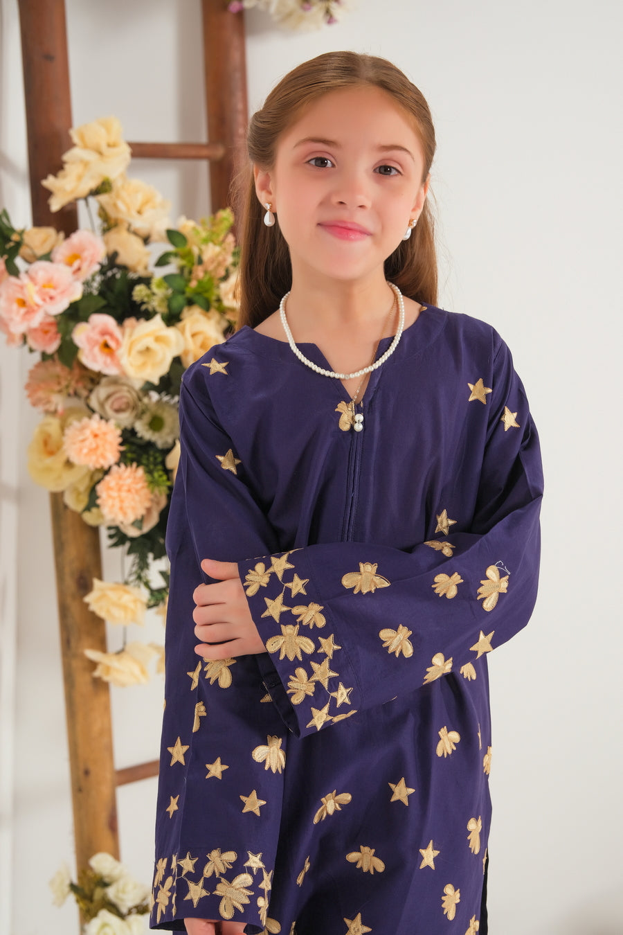 Sprinkles Stitched 2 Piece Summer Co Ord Sets Kids Collection'2025-Midnight Gold Bloom - 2pcs - Embroidered