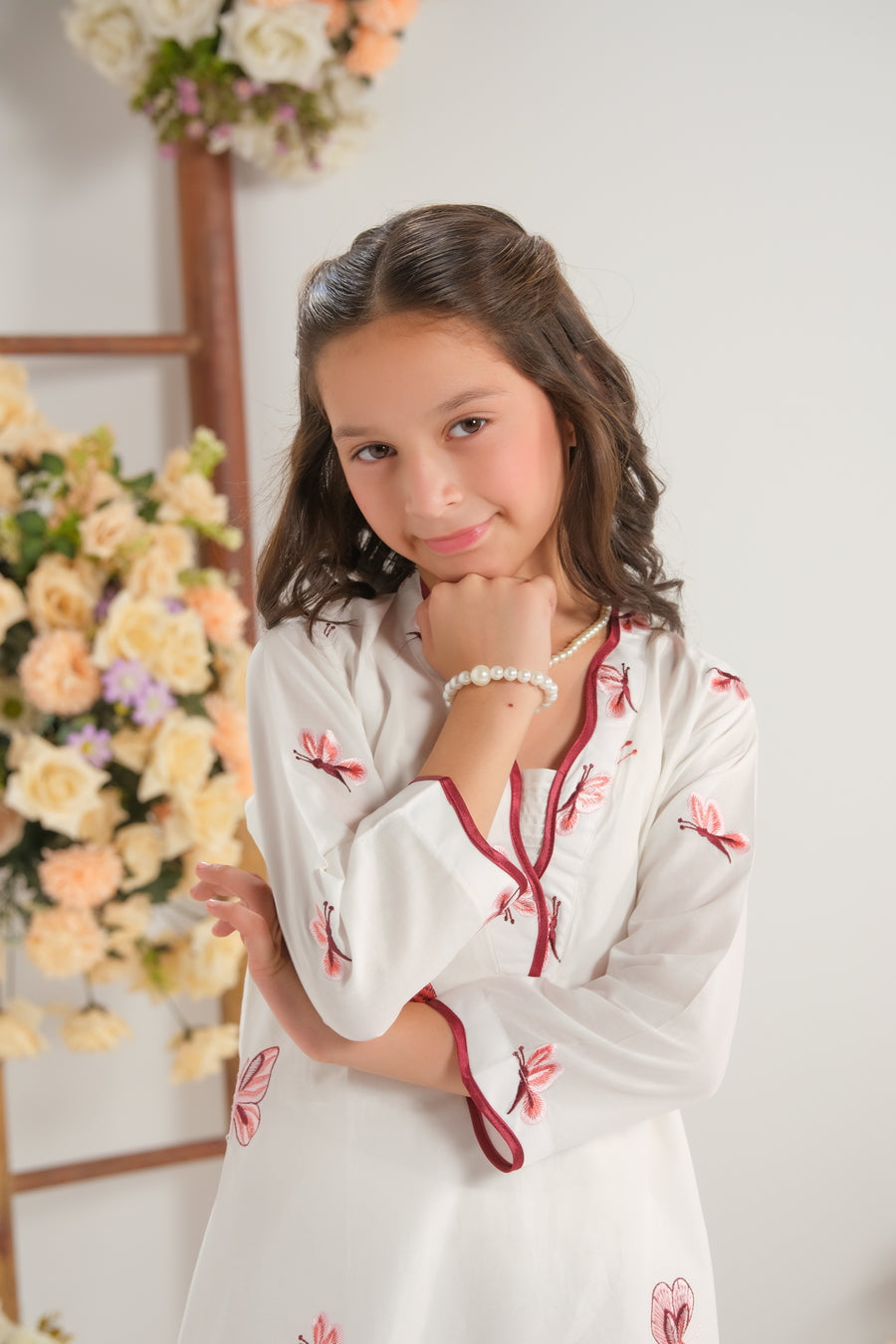 Sprinkles Stitched 2 Piece Summer Co Ord Sets Kids Collection'2025-Blush Bloom White - 2pcs - Embroidered