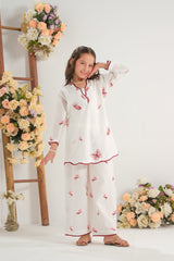 Sprinkles Stitched 2 Piece Summer Co Ord Sets Kids Collection'2025-Blush Bloom White - 2pcs - Embroidered