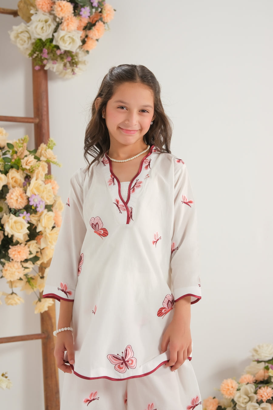 Sprinkles Stitched 2 Piece Summer Co Ord Sets Kids Collection'2025-Blush Bloom White - 2pcs - Embroidered