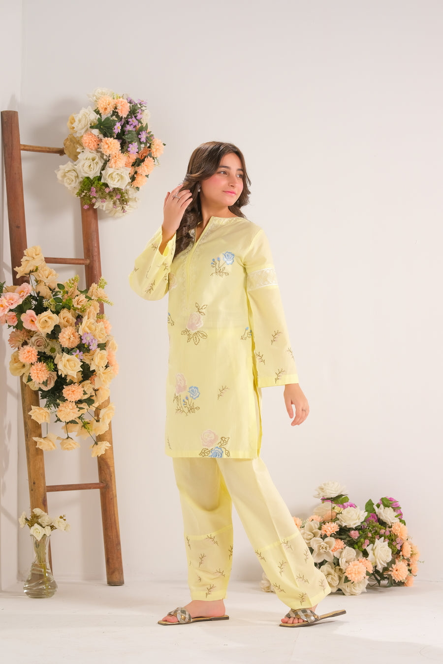 Sprinkles Stitched 2 Piece Summer Co Ord Sets Kids Collection'2025-Sunshine Garden Yellow - 2pcs - Embroidered