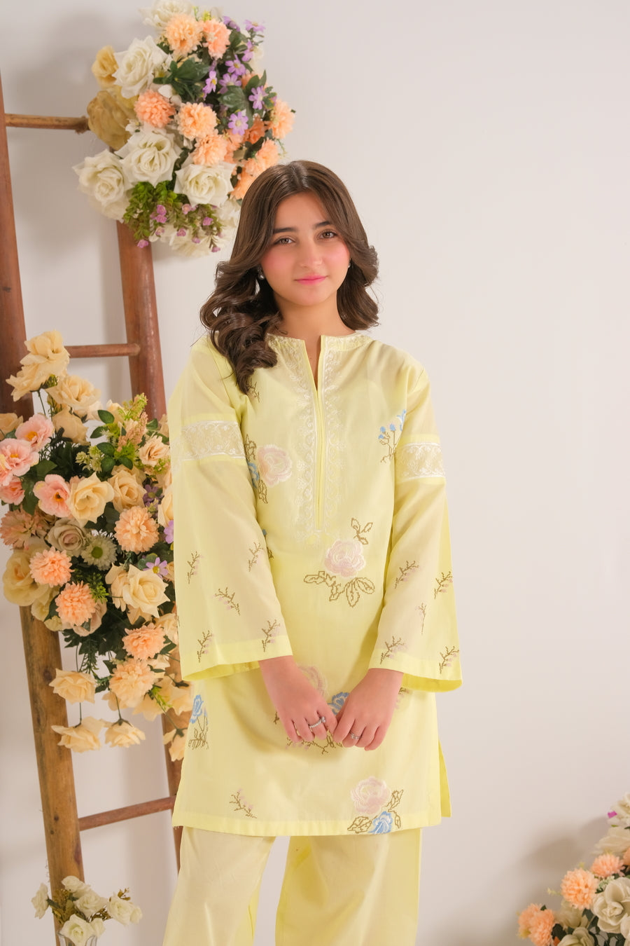 Sprinkles Stitched 2 Piece Summer Co Ord Sets Kids Collection'2025-Sunshine Garden Yellow - 2pcs - Embroidered