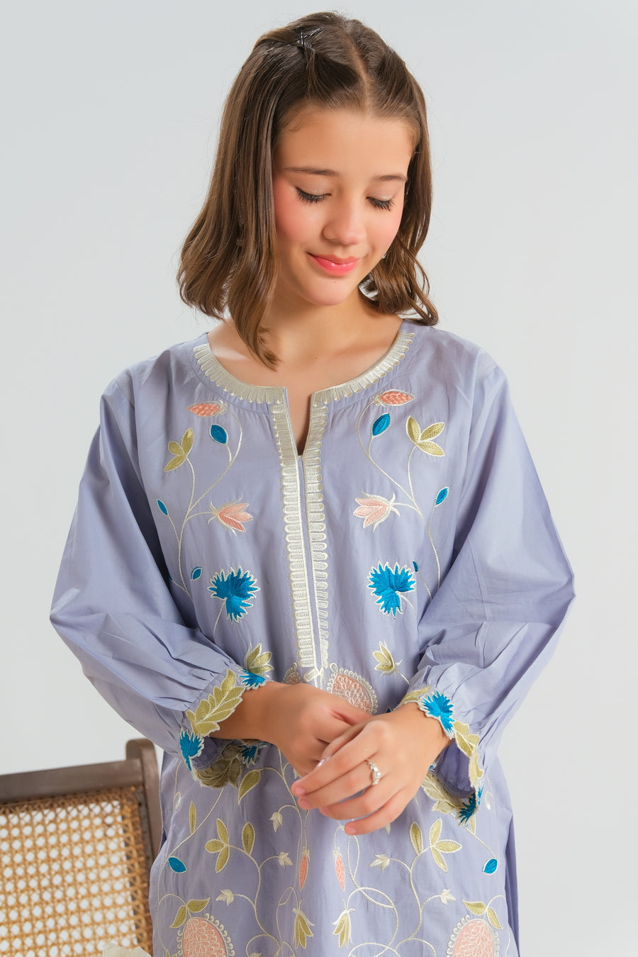 Sprinkles Stitched 2 Piece Summer Co Ord Sets Kids Collection'2025-Bluebell Bloom White - 2pcs - Embroidered