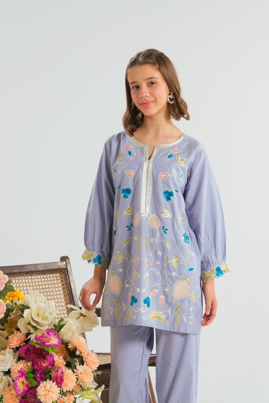 Sprinkles Stitched 2 Piece Summer Co Ord Sets Kids Collection'2025-Bluebell Bloom White - 2pcs - Embroidered