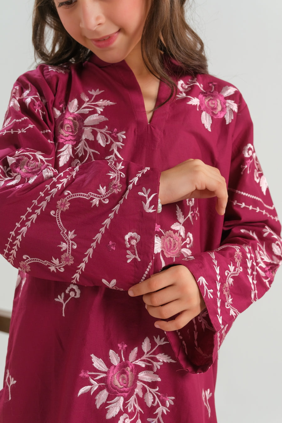 Sprinkles Stitched 2 Piece Summer Co Ord Sets Kids Collection'2025-Burgundy Rose Radiance - 2pcs - Embroidered