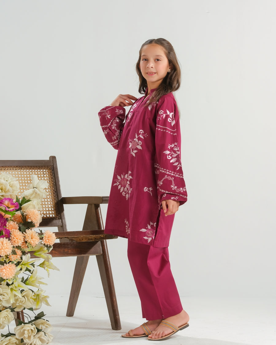 Sprinkles Stitched 2 Piece Summer Co Ord Sets Kids Collection'2025-Burgundy Rose Radiance - 2pcs - Embroidered