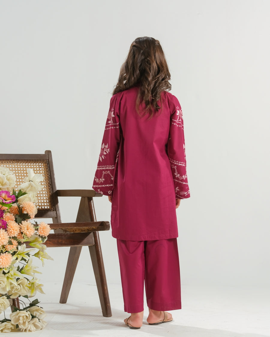 Sprinkles Stitched 2 Piece Summer Co Ord Sets Kids Collection'2025-Burgundy Rose Radiance - 2pcs - Embroidered