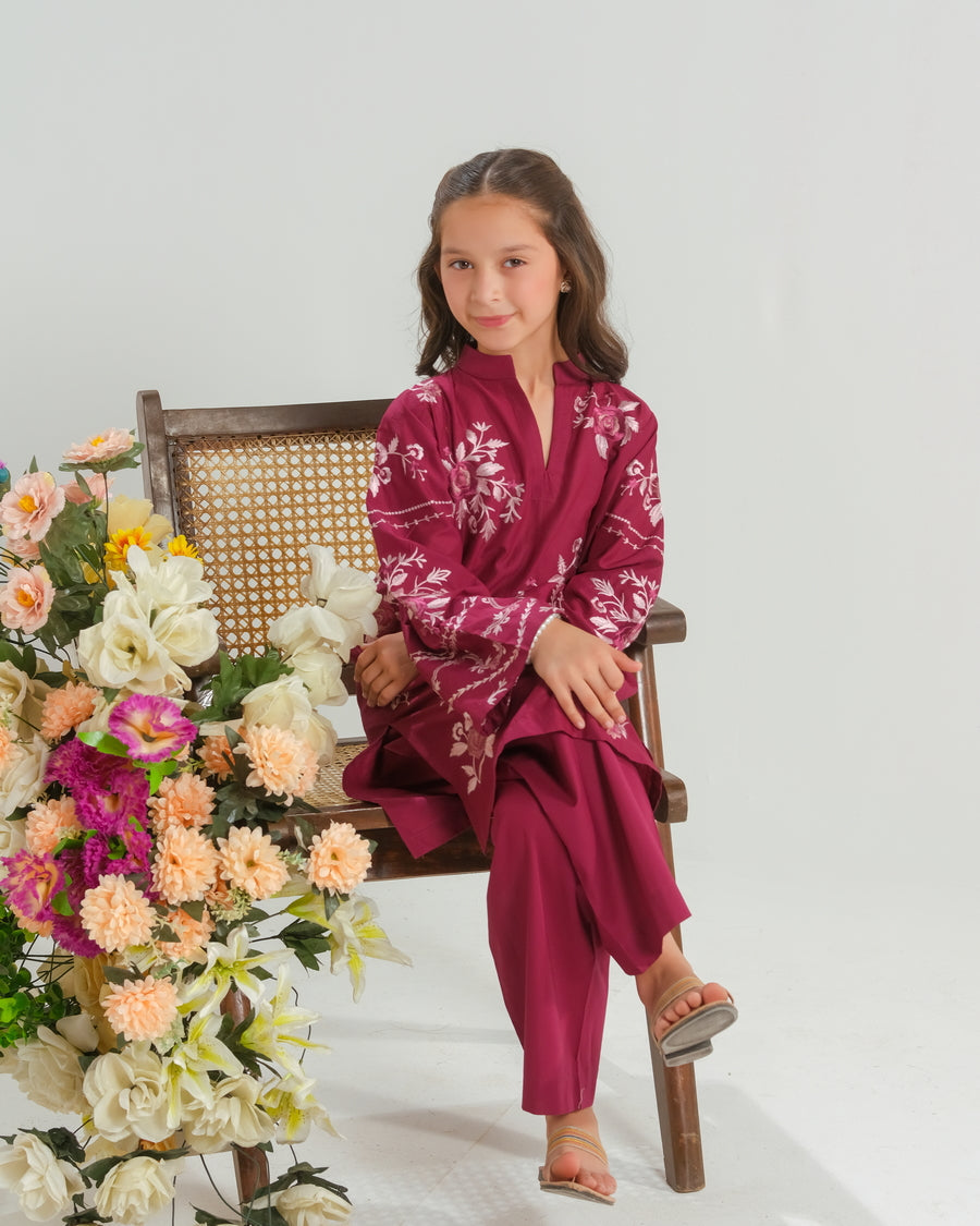 Sprinkles Stitched 2 Piece Summer Co Ord Sets Kids Collection'2025-Burgundy Rose Radiance - 2pcs - Embroidered