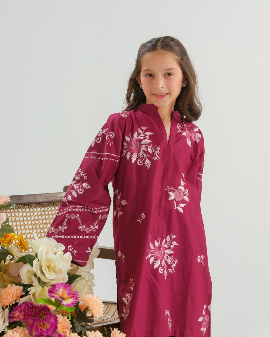 Sprinkles Stitched 2 Piece Summer Co Ord Sets Kids Collection'2025-Burgundy Rose Radiance - 2pcs - Embroidered
