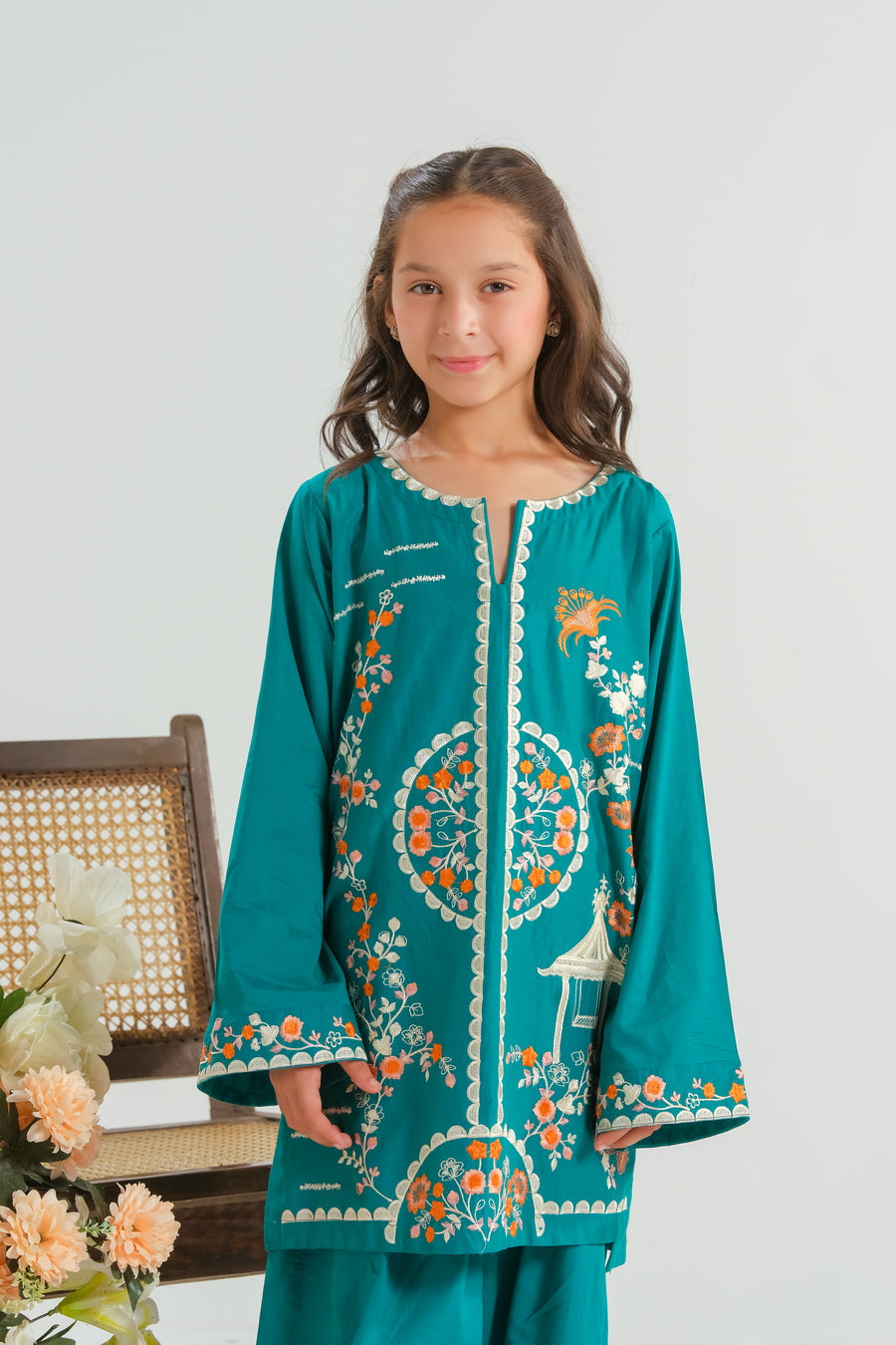Sprinkles Stitched 2 Piece Summer Co Ord Sets Kids Collection'2025-Teal Garden Bloom - 2pcs - Embroidered