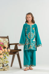 Sprinkles Stitched 2 Piece Summer Co Ord Sets Kids Collection'2025-Teal Garden Bloom - 2pcs - Embroidered