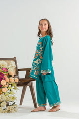 Sprinkles Stitched 2 Piece Summer Co Ord Sets Kids Collection'2025-Teal Garden Bloom - 2pcs - Embroidered