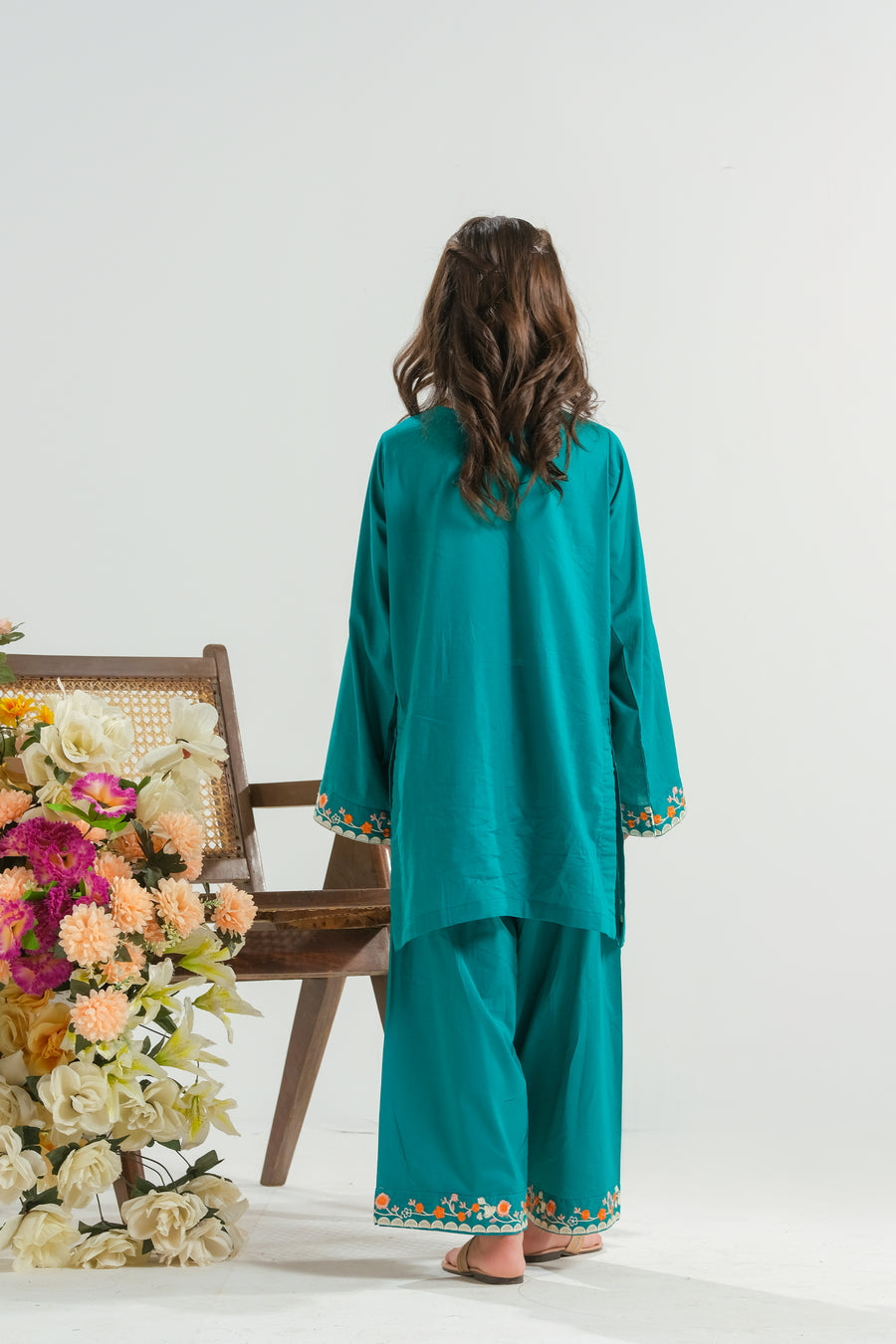 Sprinkles Stitched 2 Piece Summer Co Ord Sets Kids Collection'2025-Teal Garden Bloom - 2pcs - Embroidered