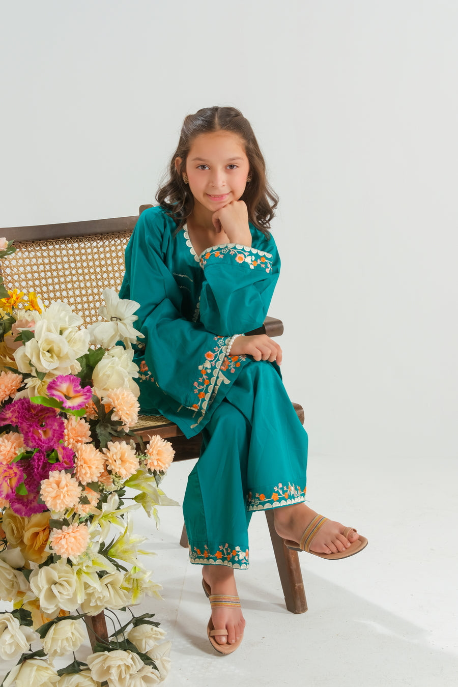 Sprinkles Stitched 2 Piece Summer Co Ord Sets Kids Collection'2025-Teal Garden Bloom - 2pcs - Embroidered