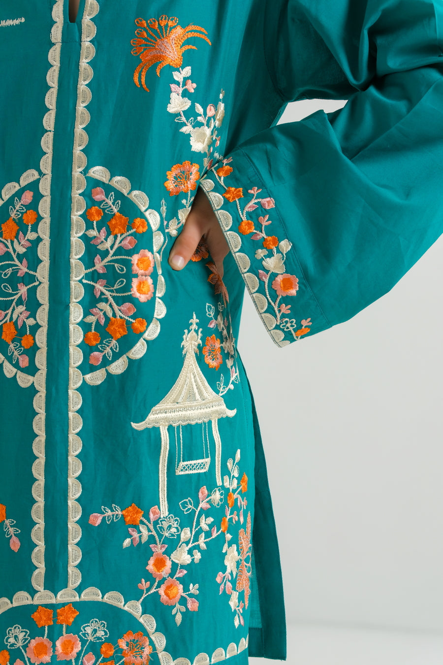 Sprinkles Stitched 2 Piece Summer Co Ord Sets Kids Collection'2025-Teal Garden Bloom - 2pcs - Embroidered