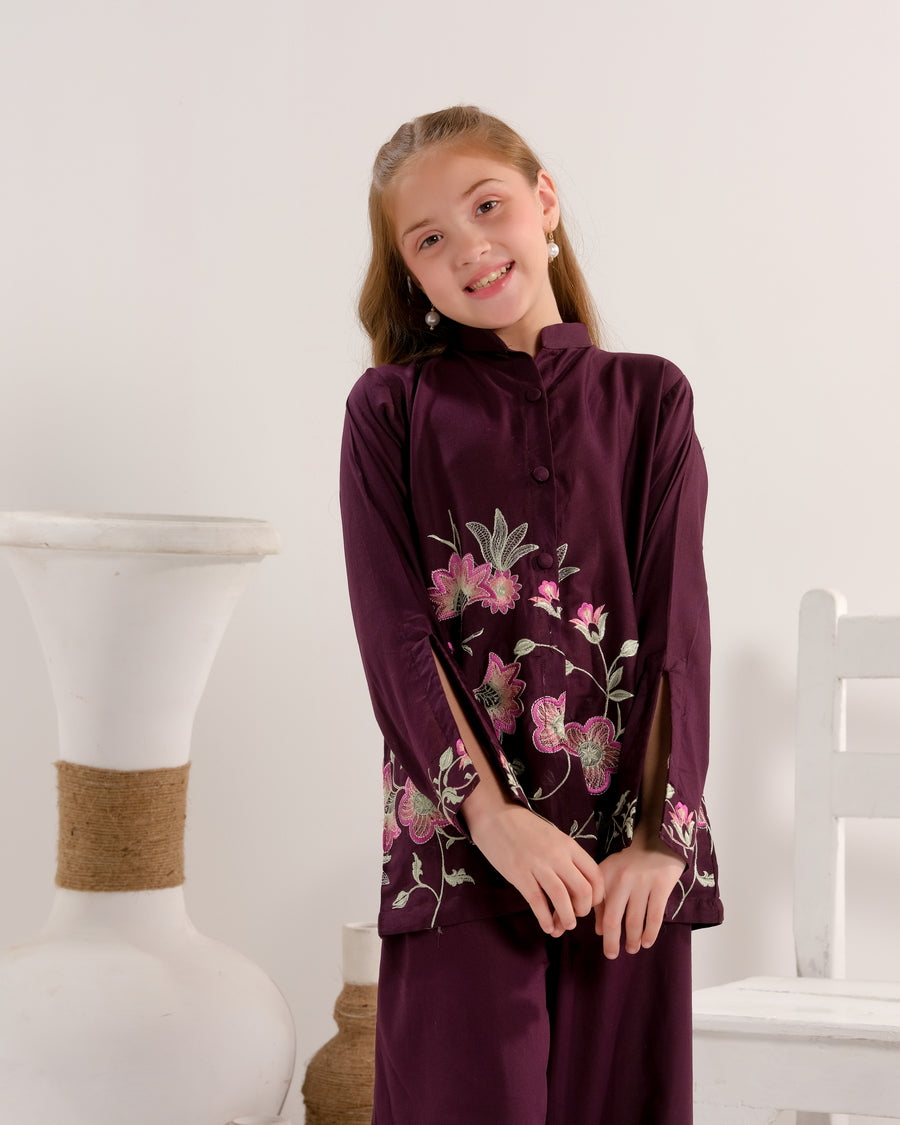 Sprinkles Stitched 2 Piece Summer Co Ord Sets Kids Collection'2025-Plum Petal Grace - 2pcs - Embroidered