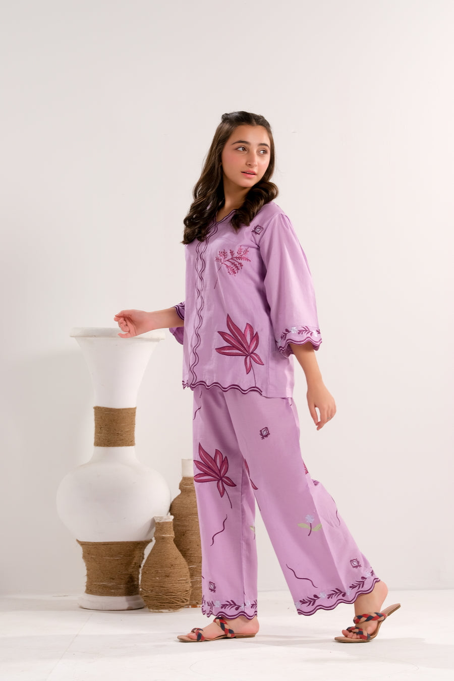 Sprinkles Stitched 2 Piece Summer Co Ord Sets Kids Collection'2025-Lavender Bloom Charm - 2pcs - Embroidered
