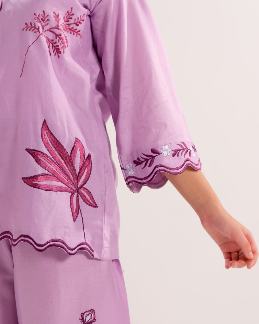 Sprinkles Stitched 2 Piece Summer Co Ord Sets Kids Collection'2025-Lavender Bloom Charm - 2pcs - Embroidered
