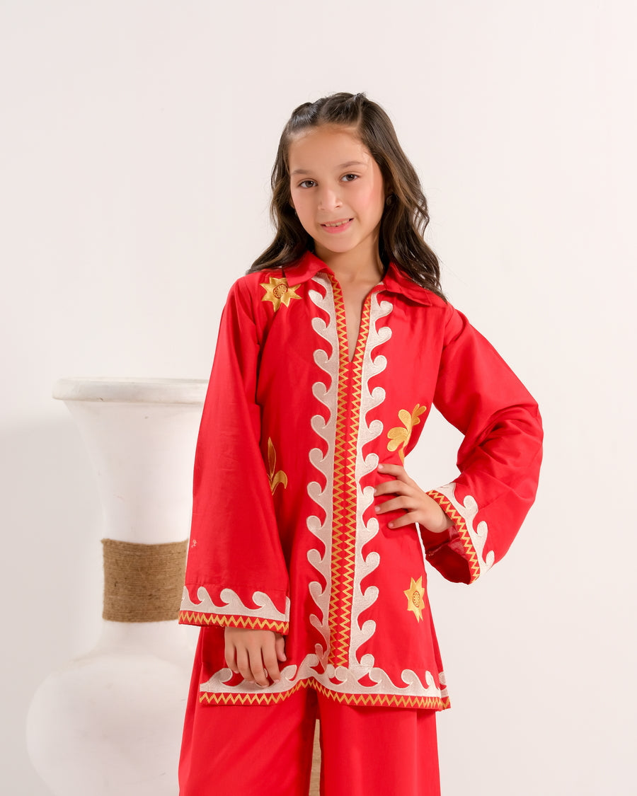 Sprinkles Stitched 2 Piece Summer Co Ord Sets Kids Collection'2025-Crimson Vine White - 2pcs - Embroidered