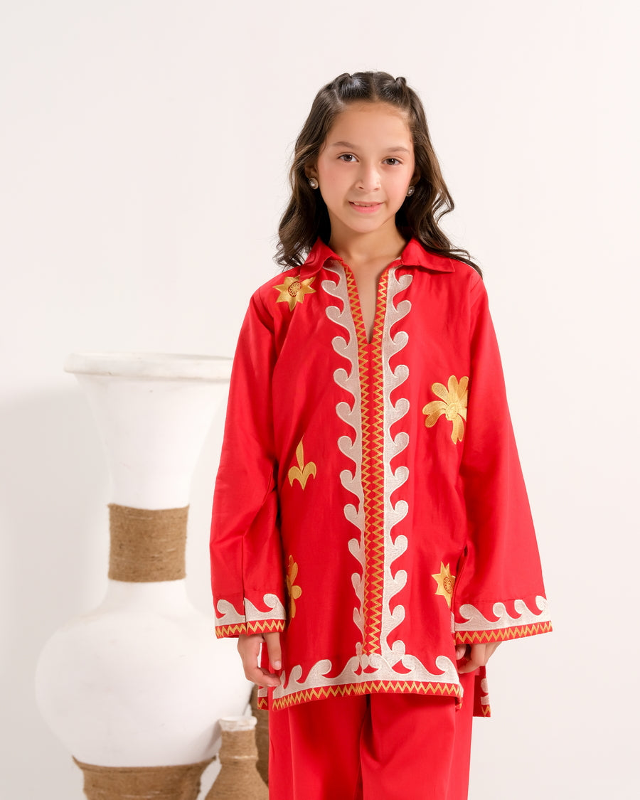 Sprinkles Stitched 2 Piece Summer Co Ord Sets Kids Collection'2025-Crimson Vine White - 2pcs - Embroidered