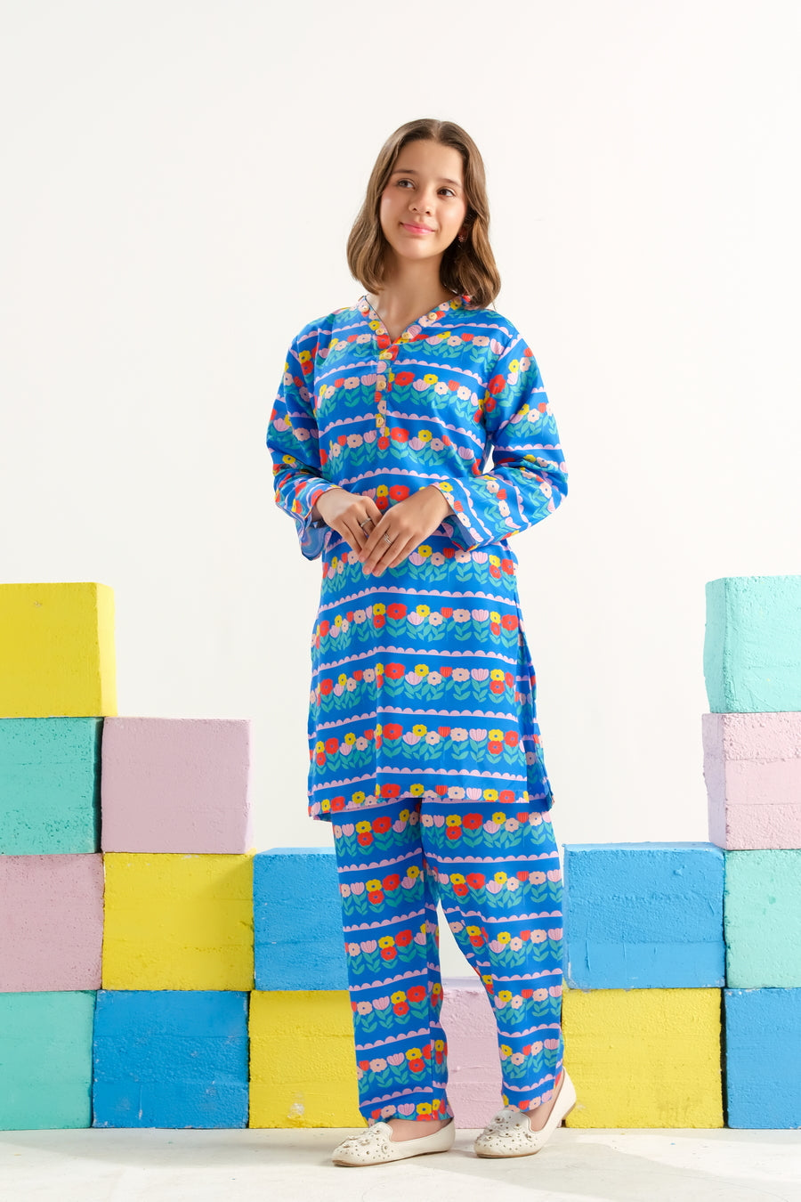 Sprinkles Stitched 2 Piece Summer Co Ord Sets Kids Collection'2025-Azure Carnival Bloom - 2pcs