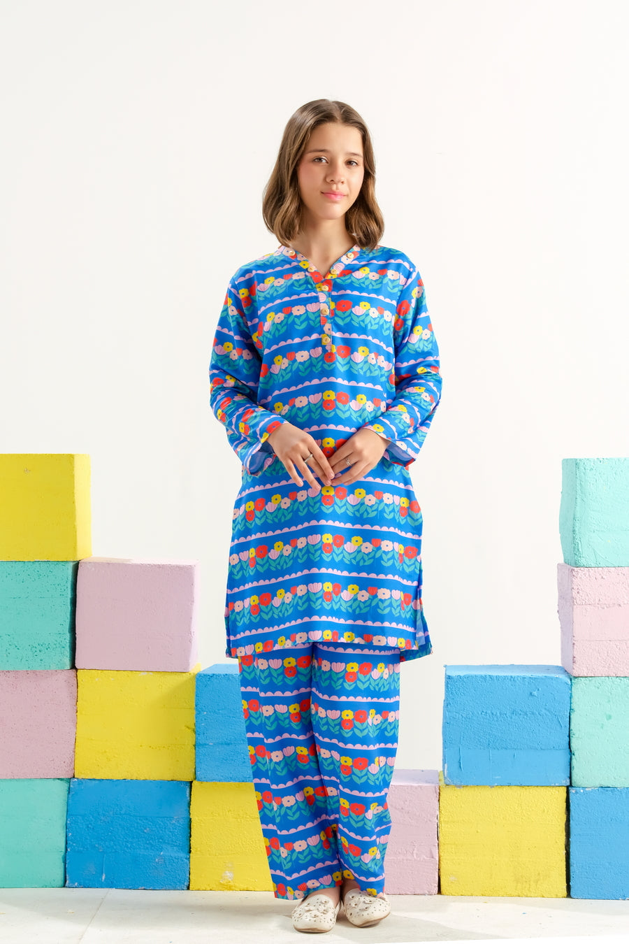 Sprinkles Stitched 2 Piece Summer Co Ord Sets Kids Collection'2025-Azure Carnival Bloom - 2pcs