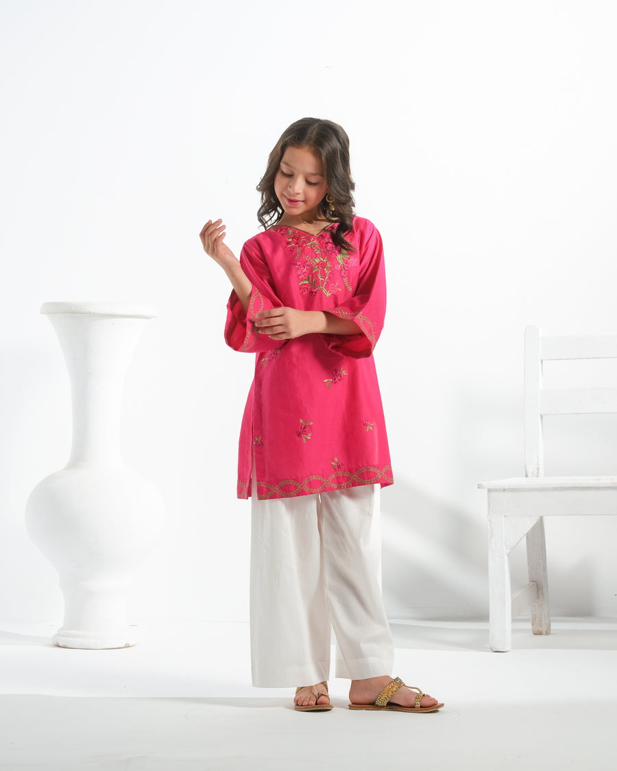 Sprinkles Stitched 1 Piece Summer Shirts Kids Collection'2025-Rosy Radiance - 1pc - Embroidered