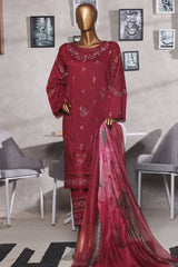 Muse By HZ Stitched 3 Piece Emb Cotton Self Jacquard Vol-02 Suit-SSJ-2501-Maroon