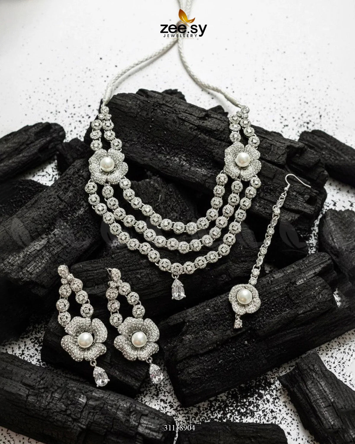 Grandeur Necklace Set Silver White - Zeesy Jewellery