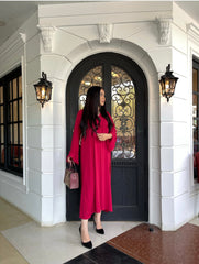 Manahils Stitched Co Ords Tunic  V Neck Pleated Blood Red Two Pc