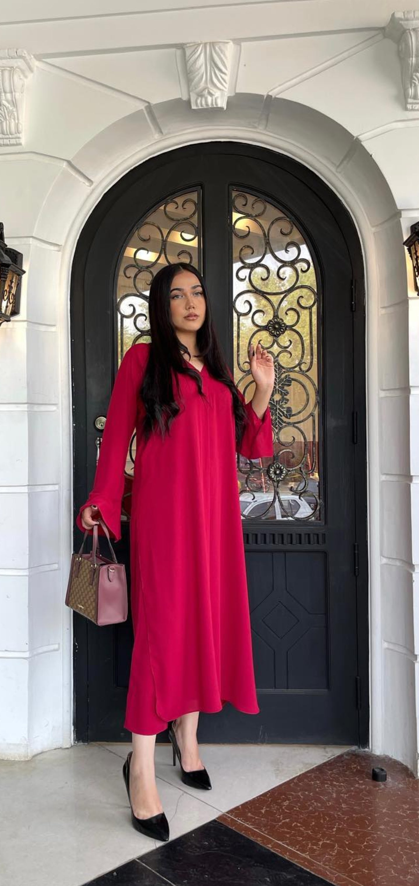 Manahils Stitched Co Ords Tunic  V Neck Pleated Blood Red Two Pc