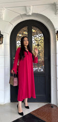 Manahils Stitched Co Ords Tunic  V Neck Pleated Blood Red Two Pc