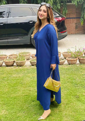 Manahils Stitched Co Ords Tunic V Neck Pleated Blue Two Pc