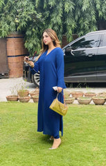 Manahils Stitched Co Ords Tunic V Neck Pleated Blue Two Pc