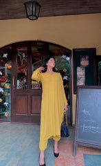 Manahils Stitched Co Ords Tunic V Neck Pleated Yellow Two Pc